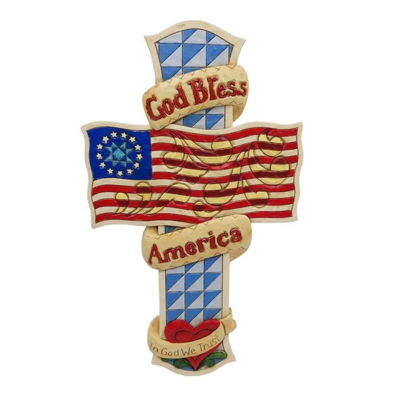 Jim Shore Patriotic God Bless America In God We Trust Cross Wall Hanging WS651 - Picture 2 of 11